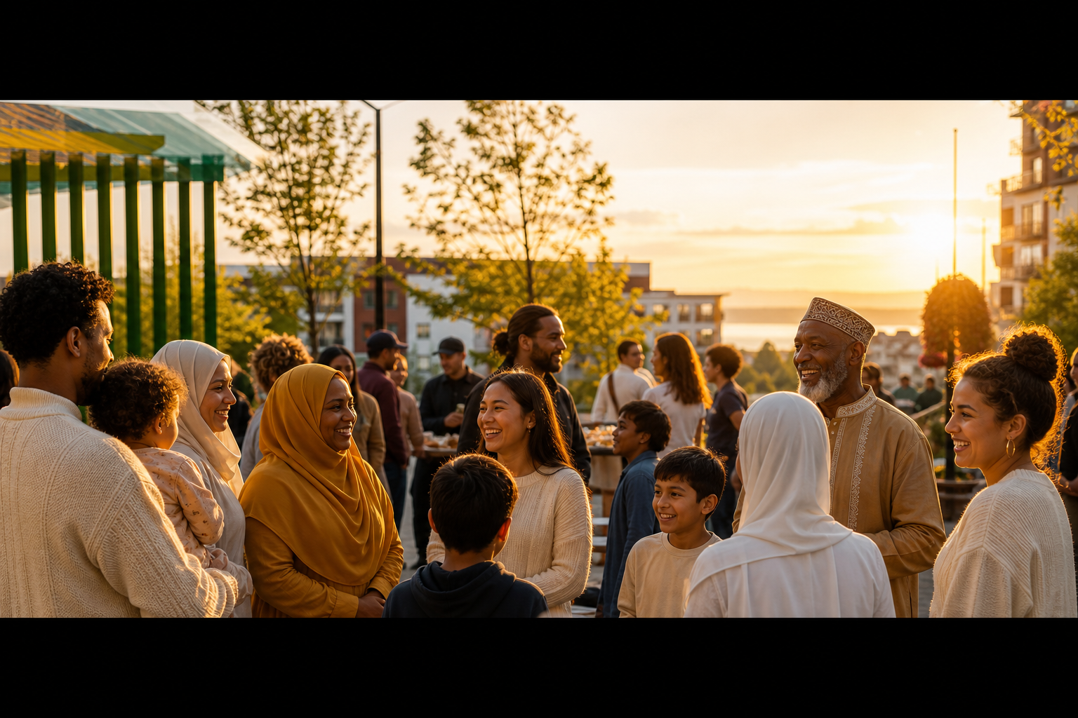Diverse Pacific Northwest community gathered outdoors at golden hour