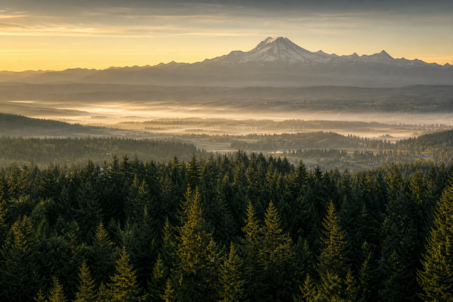 Pacific Northwest evergreen landscape at golden hour