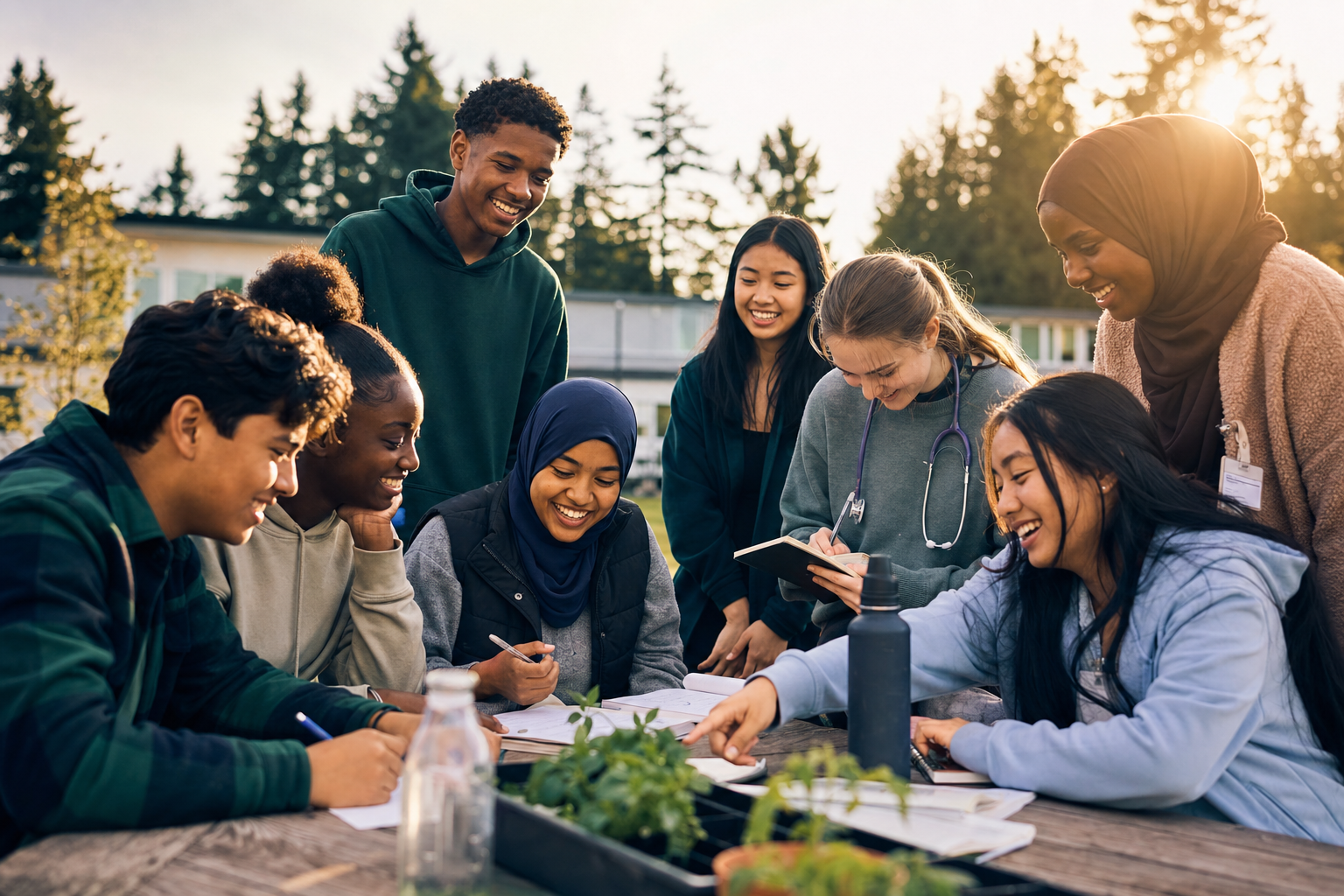 Diverse youth collaborating on a community leadership and healthcare pathway project
